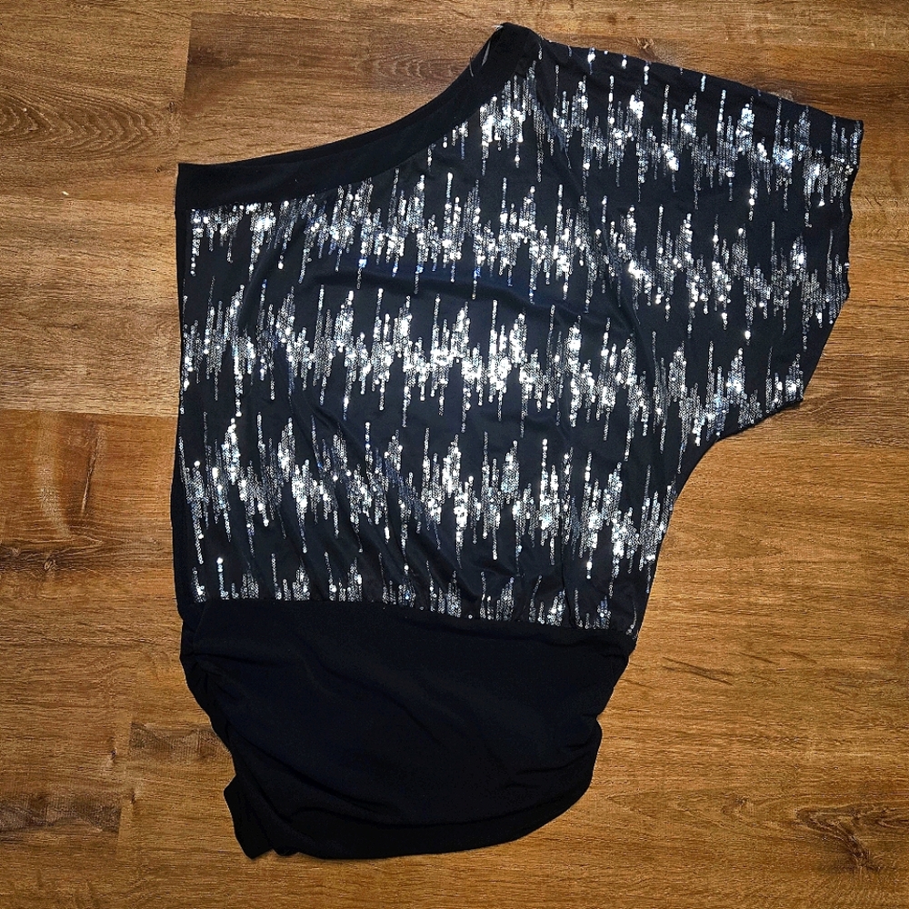 Trixxi Black and White Asymmetrical Sequin Blouse
